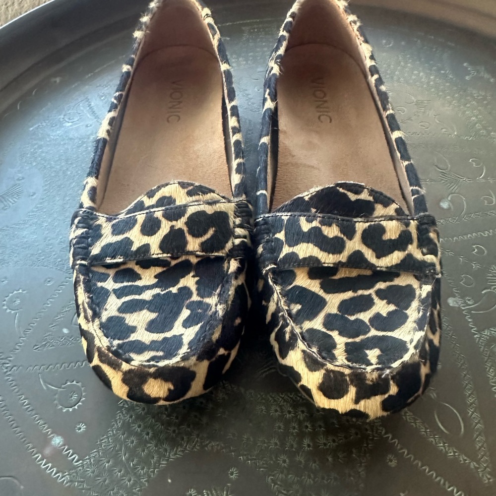 Vionic, leopard print, calf hair loafers.